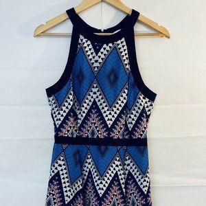 Yumi Kim 100% Silk Dress Size M Sleeveless Geometric Pattern Back Zip Blue